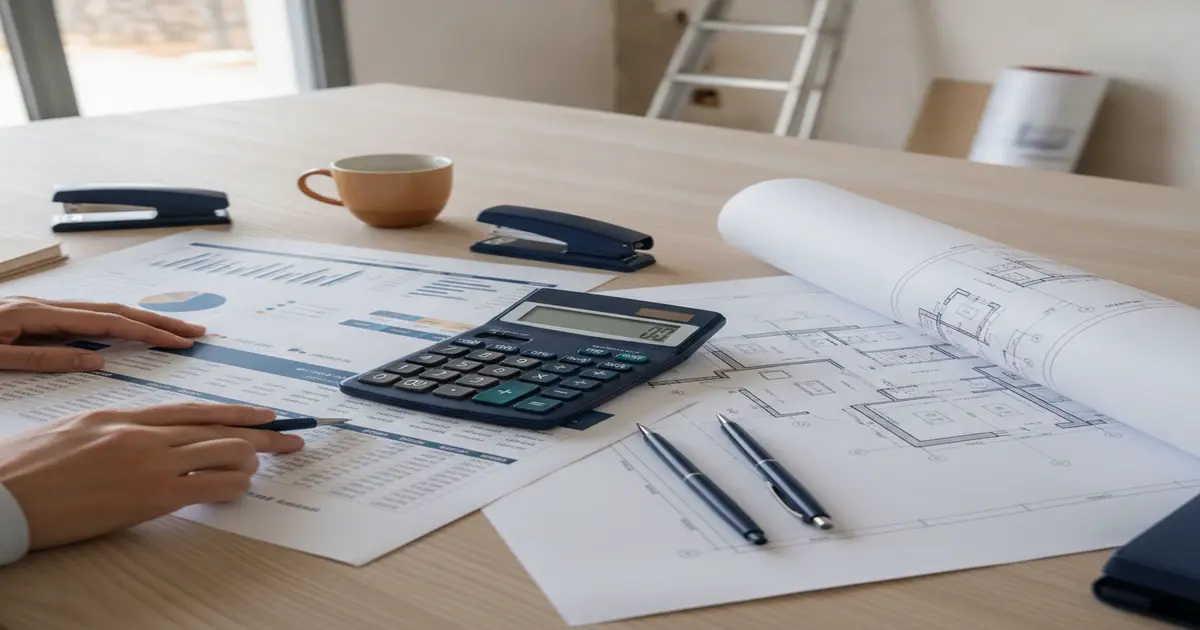 Reformista calculando márgenes y costes de una obra con calculadora y planos