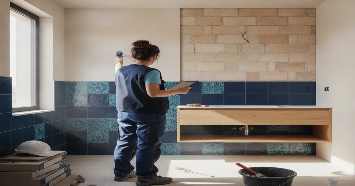 Reformista midiendo un baño con metro láser y tablet para hacer un presupuesto