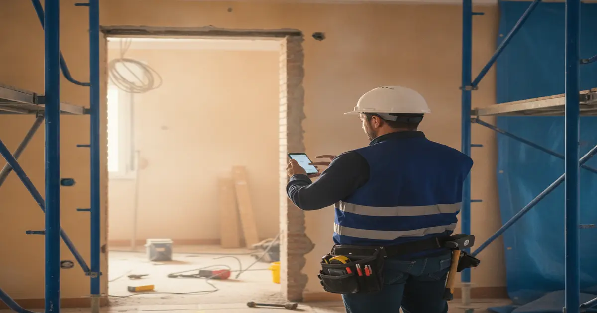 Operario de reforma fichando en la obra con su teléfono móvil