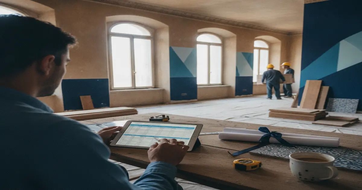 Dueño de una empresa de reformas revisando facturas de obra en una tablet en una vivienda en obras
