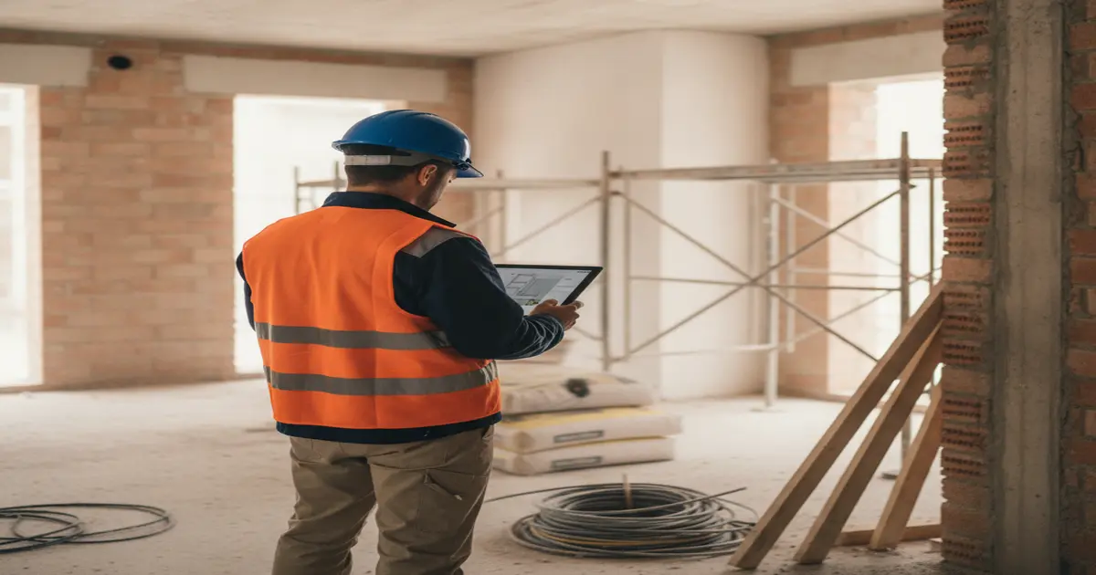 Un trabajador de la construcción con casco y chaleco revisando documentación en una tablet en una obra, simbolizando la gestión del certificado REA.